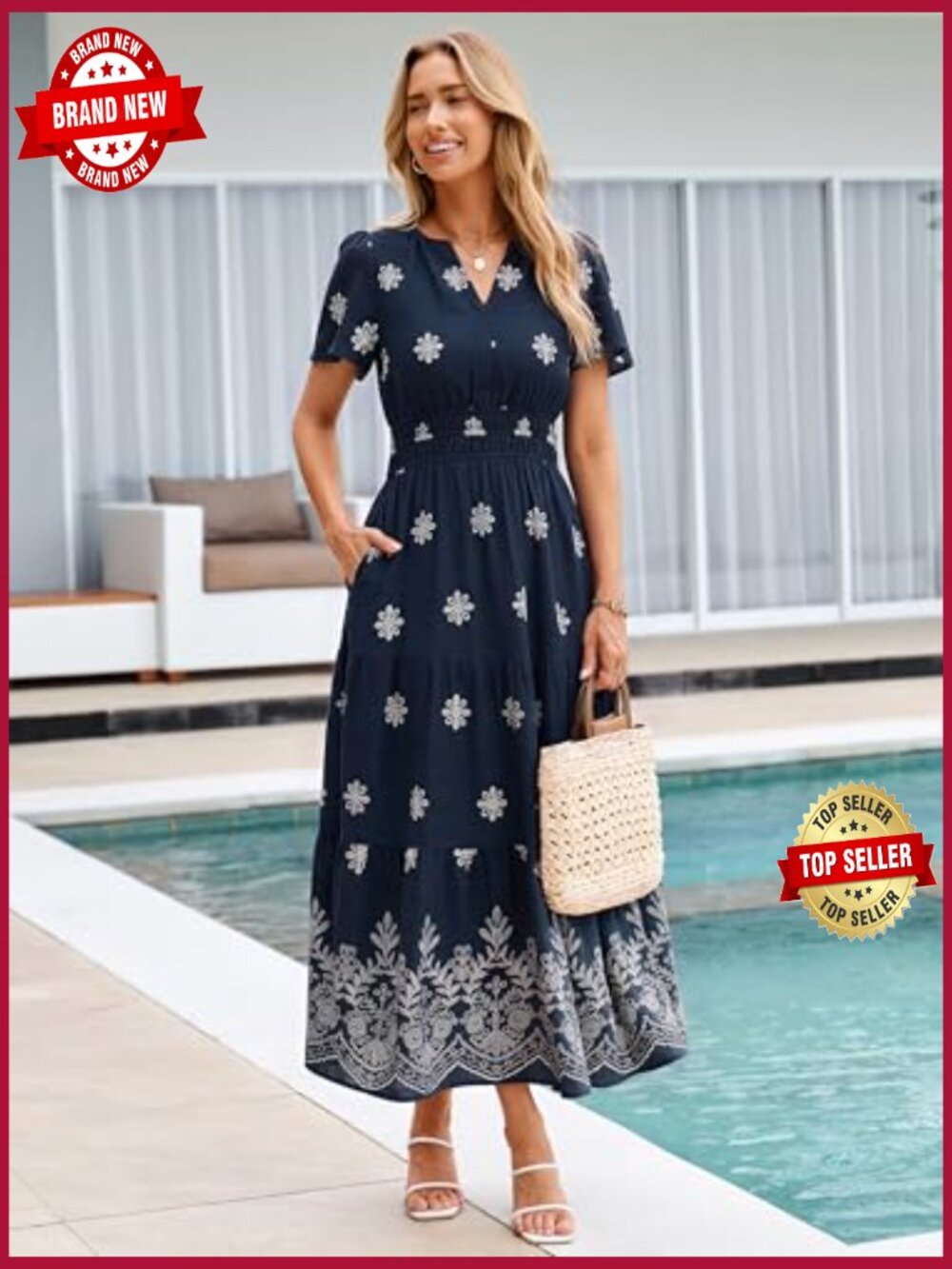 Boho Floral Maxi Dress V-Neck Short Sleeve Tiered Flowy Wedding Guest - Picture 3 of 7